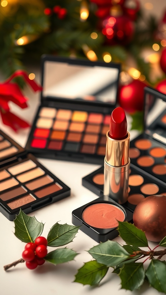 A festive makeup setup with warm eyeshadows and red lipstick, surrounded by Christmas decorations.